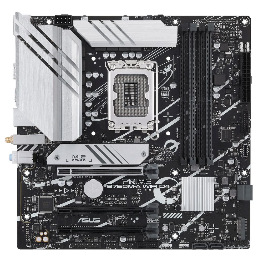 

Материнская плата mATX ASUS PRIME B760M-A WIFI D4 (LGA1700, B760, 4*DDR4 (5333), 4*SATA 6G RAID, 2*M.2, 3*PCIE, 2.5Glan, WiFi, BT, 2*HDMI, DP, 2*USB 3, PRIME B760M-A WIFI D4