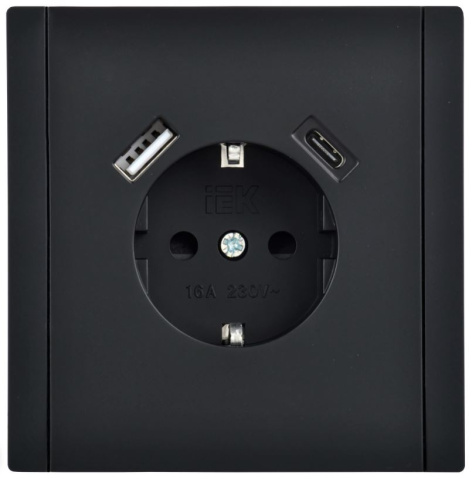 Изображение товара Розетка с заземлением и USB IEK FP-R14-16-U22-018-K02 черная для дома и офиса