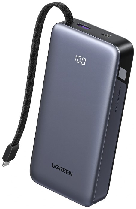 

Аккумулятор внешний портативный UGREEN PB536 55988B со встроенным кабелем 45W Power Bank 20000mAh with Built-in Cable. Цвет: серый космос, PB536