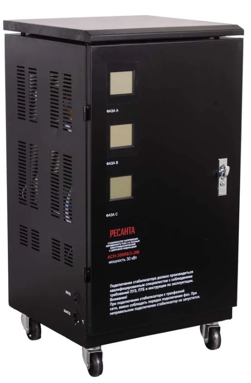 

Стабилизатор Ресанта 63/4/7 АСН-30000/3 мощность 30000 Вт; вх/вых напряжение 140-260 В/216-224 В; скорость стабилизации 10 В/с, 63/4/7