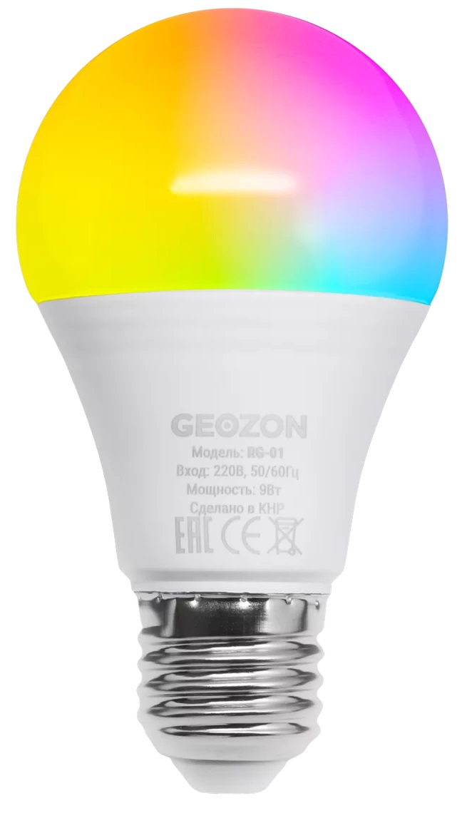

Лампа GEOZON RG-01 GSH-SLR01 LED RGB /E27/А60/9W/Wi-Fi/AC 220-250В, 50/60Гц/806lm/white, RG-01