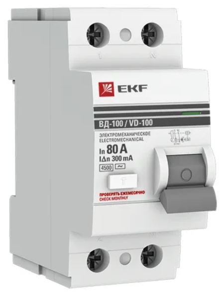 

УЗО EKF elcb-2-80-300-em-pro ВД-100 2P 80А 300мА тип АС электромеханический 4,5кА PROXIMA, elcb-2-80-300-em-pro