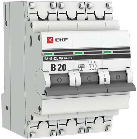 

Автоматический выключатель EKF mcb4763-3-20B-pro 3P 20А (В) 4,5kA ВА 47-63, mcb4763-3-20B-pro