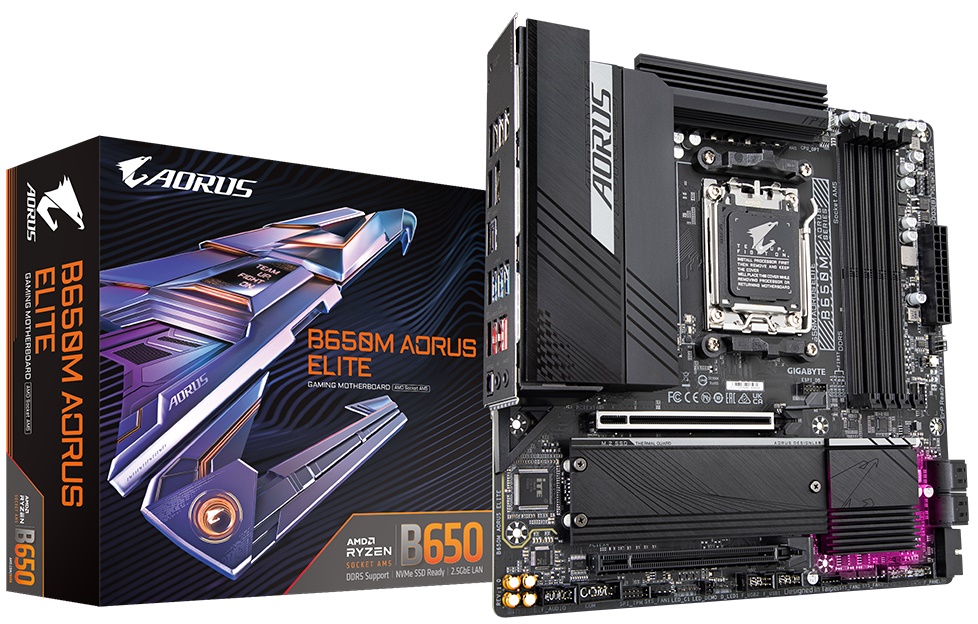 

Материнская плата ATX GIGABYTE B650M AORUS ELITE (AM5, AMD B650, 4*DDR5(8000), 4*SATA 6G RAID, 2*M.2, 2*PCIe, DP, HDMI, USB Type-C, 7*USB 3.2, 4*USB 2, B650M AORUS ELITE