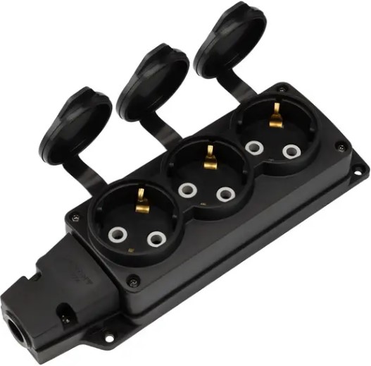 

Розетка кабельная Rexant 111-223 влагозащищенная с крышкой 3 гнезда COMPACT, с/з, 16А, IP54, каучук, черная, 111-223