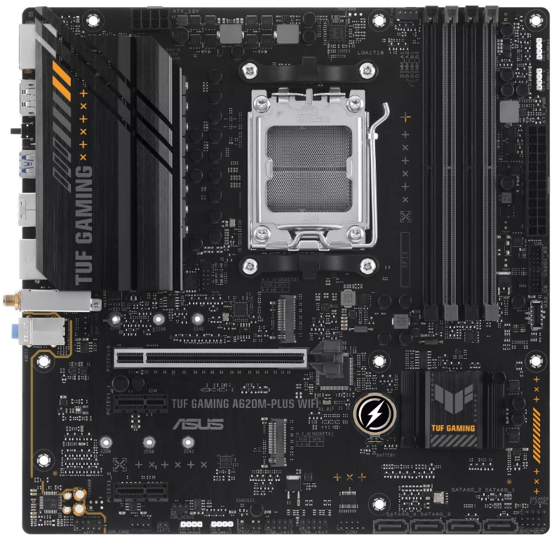 

Материнская плата mATX ASUS TUF GAMING A620AM-PLUS WIFI (AM5, AMD A620A, 4*DDR5, 2*PCIe, 4*SATA, 2*M.2, WiFi, BT, 4*USB 2.0, HDMI, 2*DP), TUF GAMING A620AM-PLUS WIFI