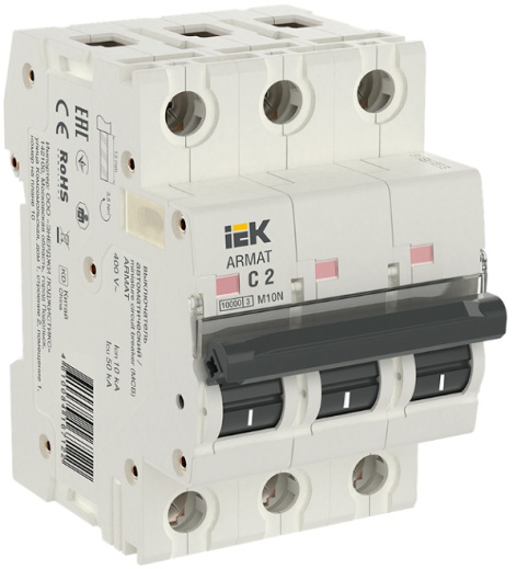 Изображение товара Автоматический выключатель IEK AR-M10N-3-C002 серия ARMAT IP20 3 полюса 2 А