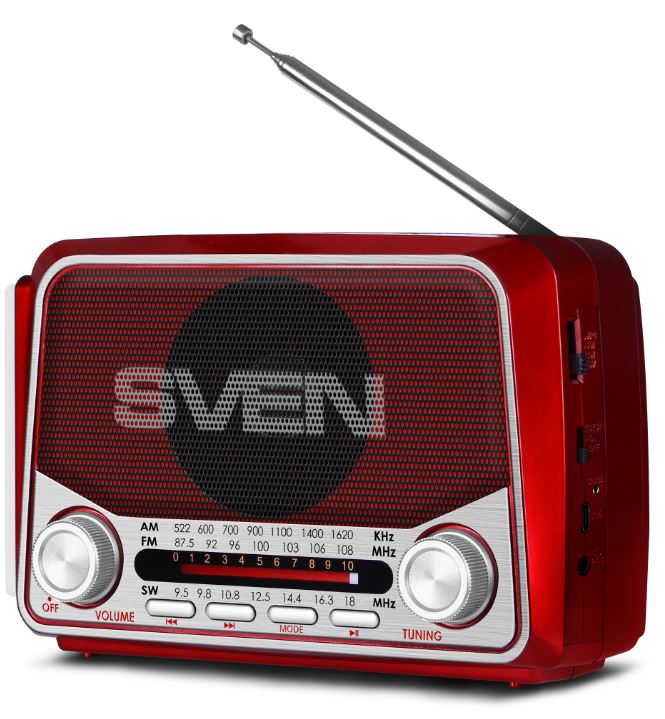 

Радиоприемник Sven SRP-150 SV-022617 красный (3 Вт, BT, FM/AM/SW, USB, microSD, фонарь, встроенный аккумулятор), SRP-150