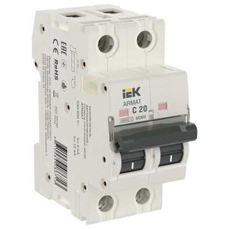 Изображение товара Автоматический выключатель IEK AR-M06N-2-C020 для защиты цепей 20 А 230/400 В IP20