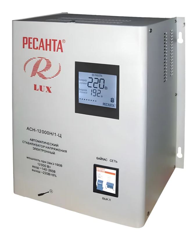 

Стабилизатор Ресанта 63/6/22 АСН-12000Н/1-Ц мощность 12000 Вт; вх/вых 140-260 В/202-238 В; скор стабилизации 35 В/с; точн стабилизации 8%, 63/6/22