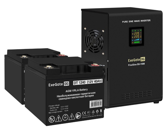 

Комплект Exegate FineSine SX-1500.LCD.AVR.2SH EX296566RUS ИБП EX295998RUS + батарея 40Aч EX282976RUS 2шт (инвертор, синус, для котла, настенный) 1500V, FineSine SX-1500.LCD.AVR.2SH