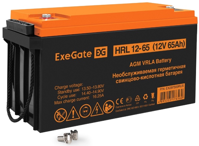 

Батарея аккумуляторная Exegate HRL 12-65 EX297559RUS (12V 65Ah, болт М6), HRL 12-65