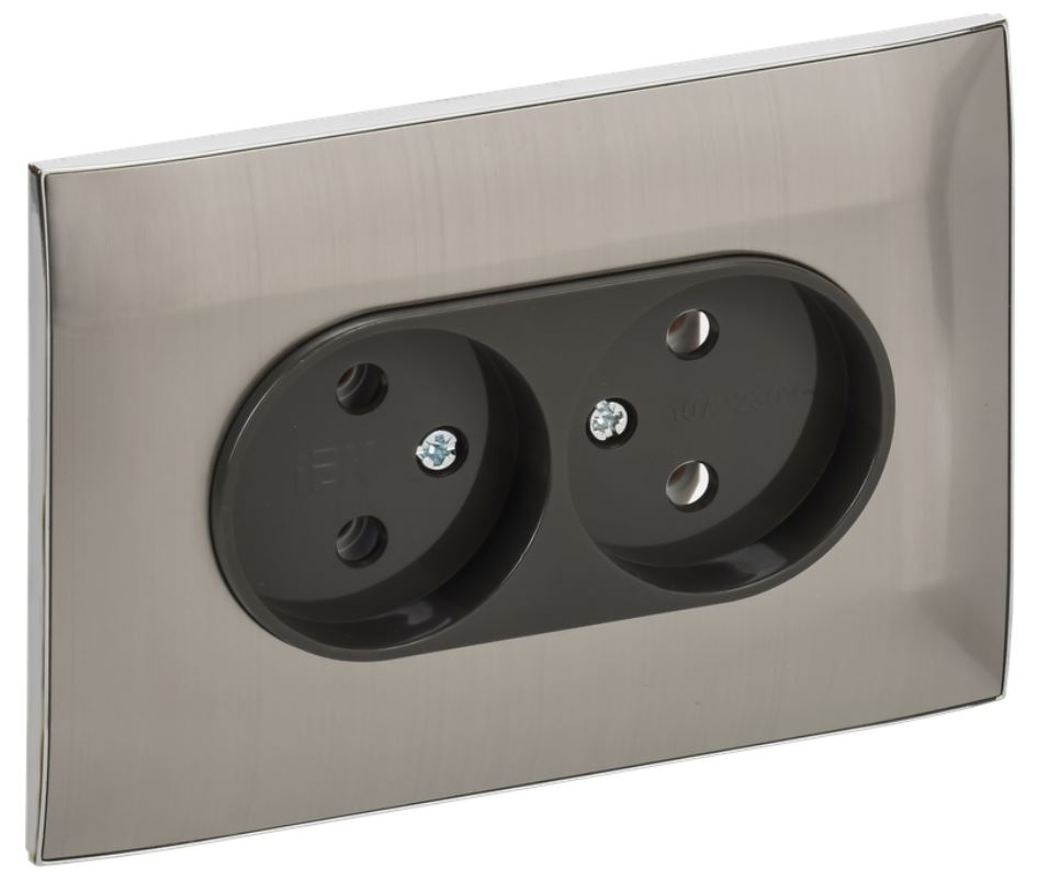 

Розетка двухместная без заземления IEK SK-R20-10-K50-F SKANDY без защитных шторок 10А в сборе SK-R10N металл никель, SK-R20-10-K50-F