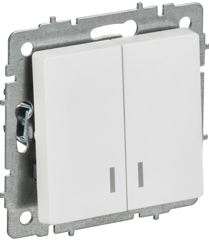 

Выключатель двухклавишный с подсветкой IEK BR-V20-1-10-K91 BRITE 10А ВС10-2-1-БрАБ арктический белый, BR-V20-1-10-K91