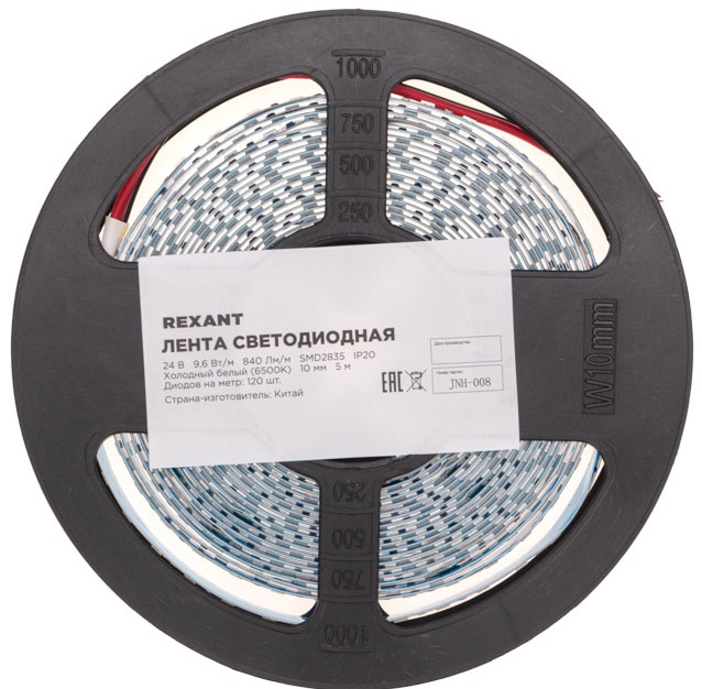 

Лента светодиодная Rexant 141-639 24В, SMD2835, 9,6Вт/м, 120 LED/м, 6500K, 10мм, 5м,IP20, 141-639