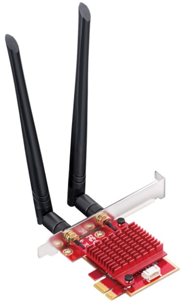 

Адаптер Cudy WE3000S 5400Mbps Wi-Fi 6E / Bluetooth 5.2 PCI Express with Heatsink, Intel AX210 module,2T2R, 2402Mbps at 5GHz/6Ghz + 574Mbps at 2.4GHz,, WE3000S