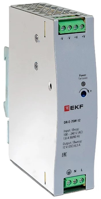 

Блок питания EKF DR-E-75W-12 на дин рейку 75 Вт, 220 В AC /12 В DC, DR-E-75W-12