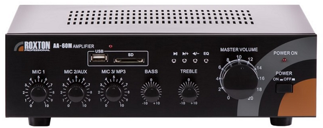 

Усилитель Roxton AA-60M комбинированный 60Вт, 3 микр./2лин.входа, AA-60M