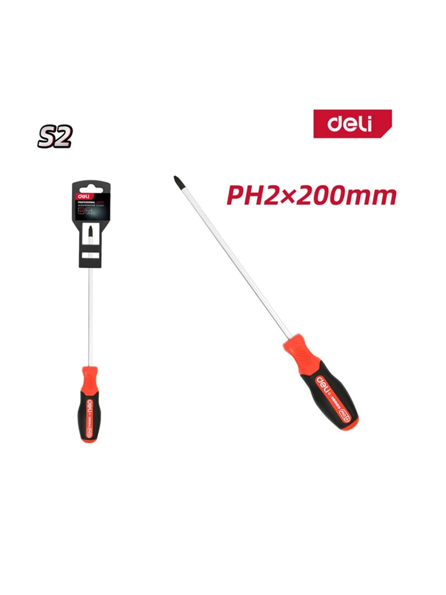 

Отвертка крестовая Deli DL3463 PH2x200мм сталь S2, матовый стержень, двухкомпонентная прорезиненная рукоять, DL3463