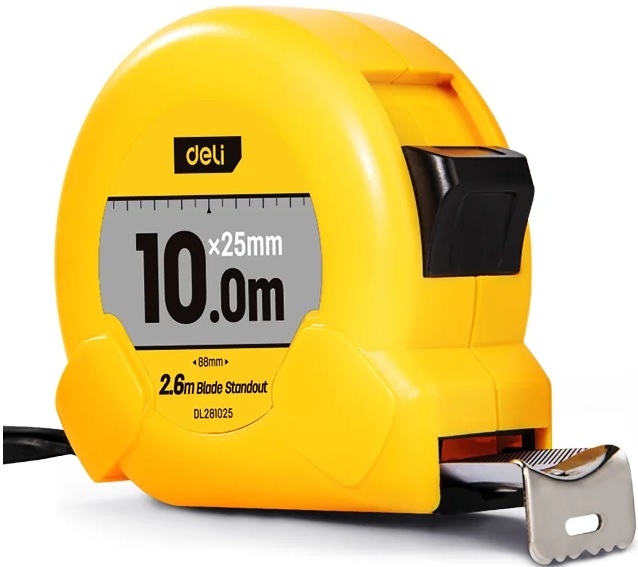 

Рулетка Deli DL281025 10м*25мм, метрическая, клипса, ремешок, DL281025