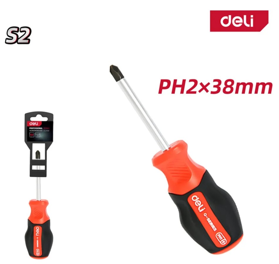 

Отвертка крестовая Deli DL3459 PH2x38мм сталь S2, матовый стержень, двухкомпонентная прорезиненная рукоять, DL3459