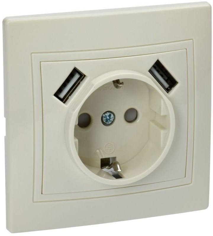 

Розетка с заземлением IEK KV-R14-16-U2-K33 KVARTA с защитными шторками 16А USBх2 2,1А РЮш10-1-ККм кремовый, KV-R14-16-U2-K33