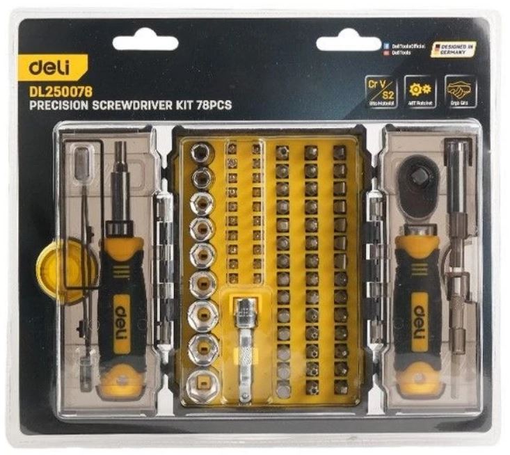 

Набор бит Deli DL250078 и торцевых головок с отверткой, ключем-трещоткой и пинцетом 78-в-1 (61 бита + 9 головок + 5 удлинителей), пласт.кейс, DL250078