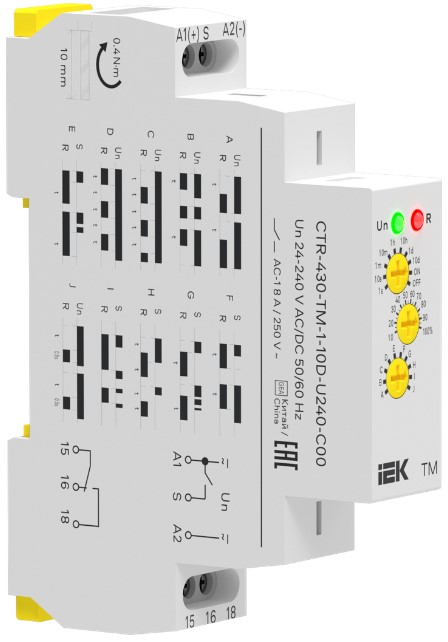 

Реле времени IEK CTR-430-TM-1-10D-U240-C00 многофункциональное TM 1 конт. 24-240В AC/DC, CTR-430-TM-1-10D-U240-C00