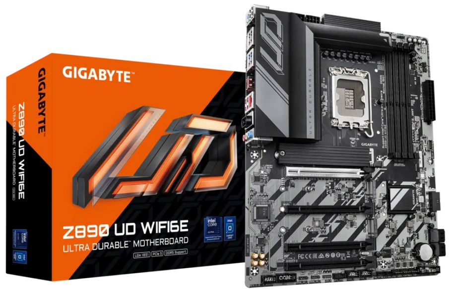 

Материнская плата ATX GIGABYTE Z890 UD WIFI6E (LGA1851, Z890, 4*DDR5 (8800), 4*SATA 6G RAID, 3*M.2, 4*PCI-E, 2.5Glan, 4*USB 3.2, 4*USB 2.0, Type-C, PS, Z890 UD WIFI6E