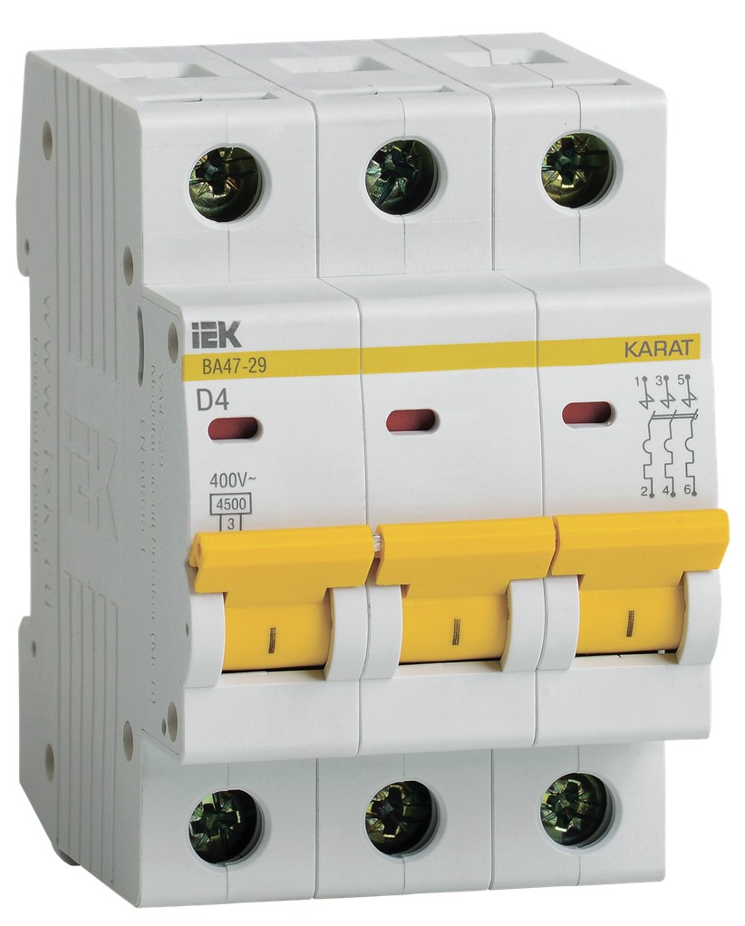 

Автоматический выключатель IEK MVA20-3-004-D KARAT ВА47-29 3P D 4А 4,5кА, MVA20-3-004-D