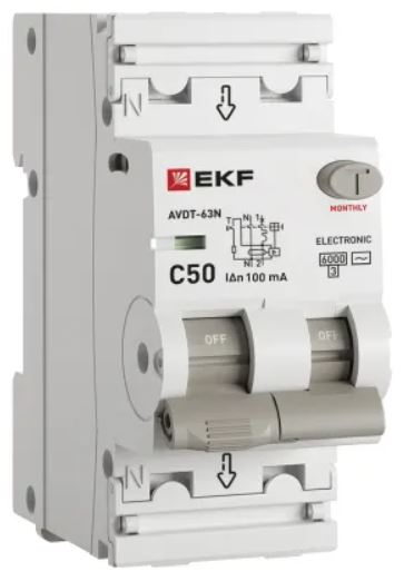 

Автомат дифференциальный EKF D63N26E50C100 АВДТ-63N 1P+N 50А (C) 100мА (AC) эл 6кА PROXIMA, D63N26E50C100