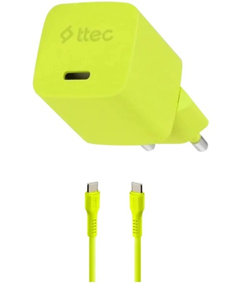 

Зарядное устройство сетевое TTEC SmartCharger 2SCG20CNS GAN 20W PD USB-C с кабелем USB-C - USB-C 3A. Длина кабеля: 120см. Цвет: неоновый желтый, SmartCharger