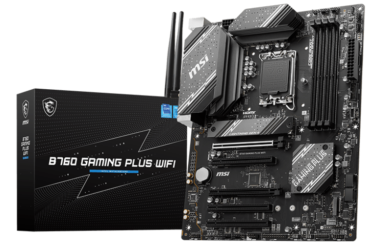 

Материнская плата ATX MSI B760 GAMING PLUS WIFI (LGA1700, B760, 4*DDR5 (6800), 4*SATA 6G RAID, 2*M.2, 5*PCIE, 2.5Glan, WiFi, BT, HDMI, DP, USB Type-C,, B760 GAMING PLUS WIFI