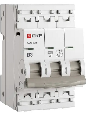 

Автоматический выключатель EKF M634303B 3P 3А (B) 4,5кА ВА 47-63N PROxima, M634303B