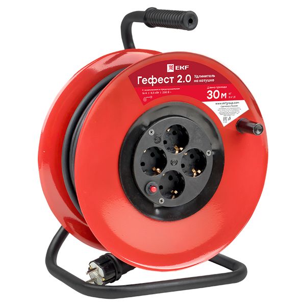 

Удлинитель на катушке EKF UKG02-16-R315-4-30 "Гефест 2.0" 4 гнезда 30м с заземлением и предохранителем КГ 3*1,5 16А/3,5кВт PROxima, UKG02-16-R315-4-30