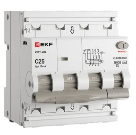 

Автомат дифференциальный EKF D63N46EA25C10 АВДТ-63N 3P+N 25А характеристика C 10мА тип A электронный 6кА PROXIMA, D63N46EA25C10