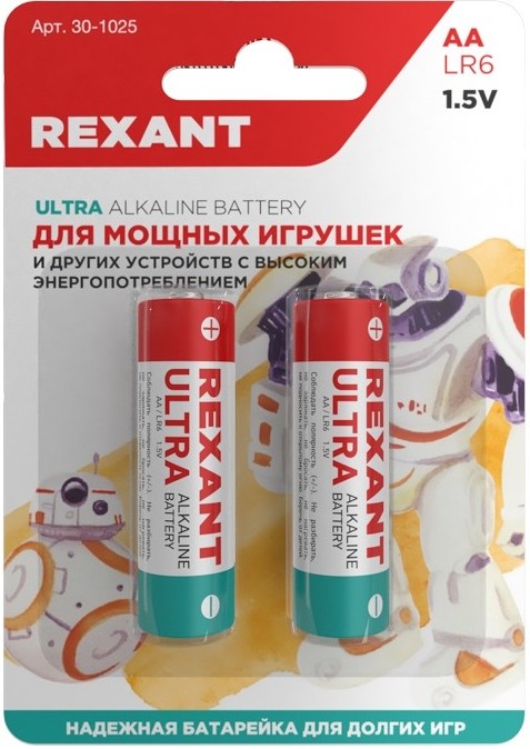 

Батарейка Rexant 39-1025 алкалиновая ультра AA/LR6 пальчиковая 1,5В блистер 2 шт., 39-1025