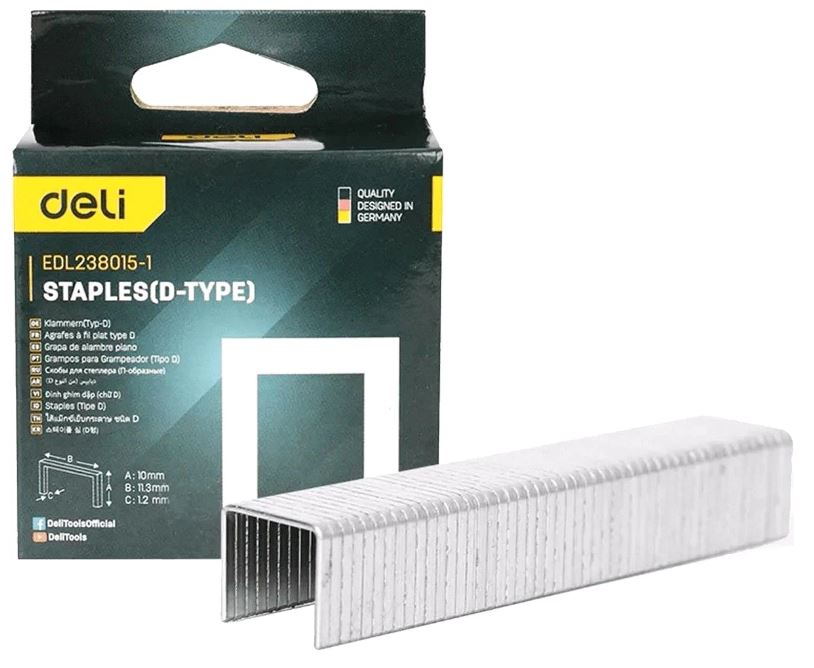 

Набор Deli DL238015-1 скоб для степлера 1000 шт (Тип D) (10 х 11,3 х 1,2мм), DL238015-1