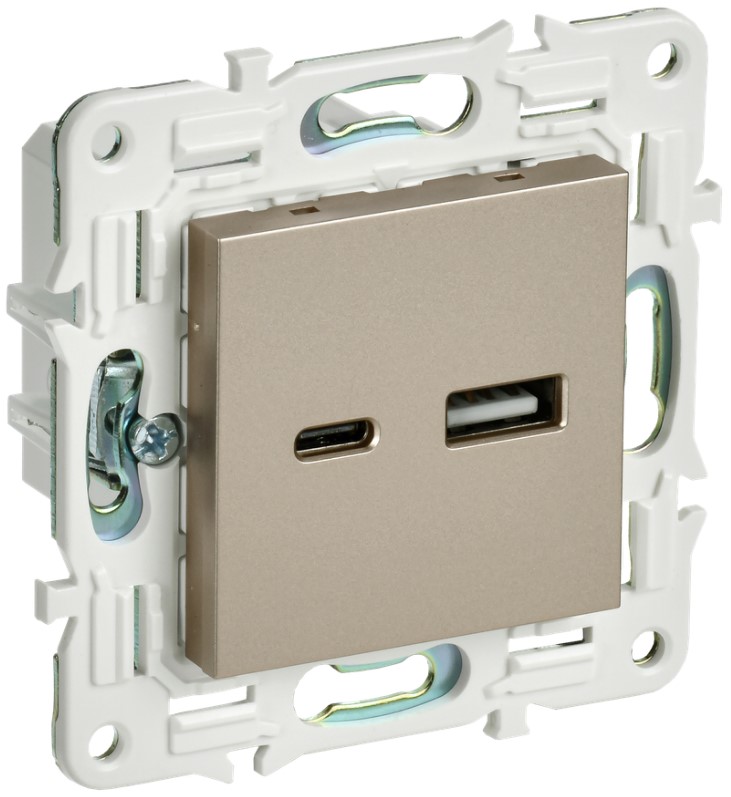 

Розетка USB IEK SK-U22-D31-K37 SKANDY тип A+тип C 3,1А SK-R14Sh шампань, SK-U22-D31-K37