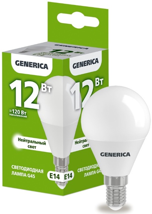 

Лампа светодиодная GENERICA LL-G45-12-230-40-E14-G G45 шар 12Вт 230В 4000К E14 (кратность 10шт), LL-G45-12-230-40-E14-G