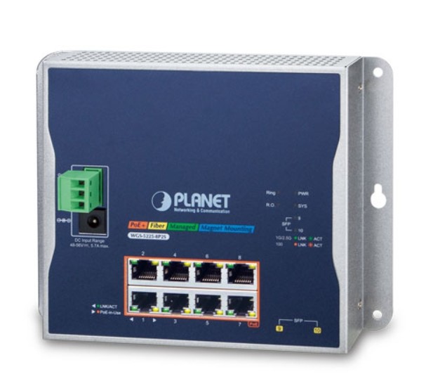 Коммутатор промышленный Planet WGS-5225-8P2S Industrial L2+ 8-Port 10/100/1000T 802.3at PoE + 2-Port 100/1000X SFP Wall-mount Managed Switch