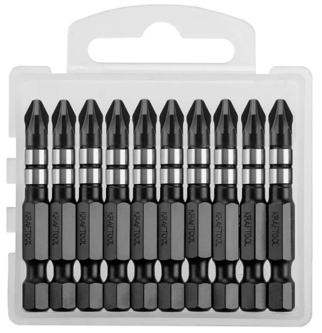 

Набор бит Kraftool Impact Pro 26193-2-50-S10 Kraftool Pozidriv, тип хвостовика E 1/4", PZ2, 50мм., 10шт., Impact Pro
