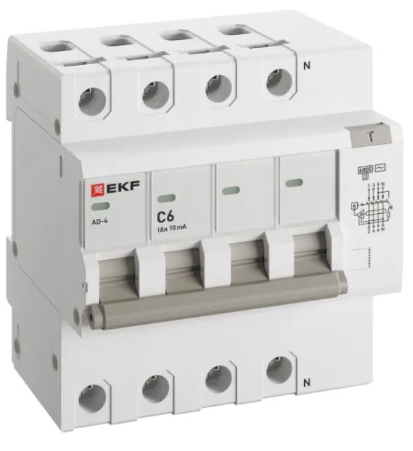 

Автомат дифференциальный EKF DA4-6-06-10-pro АД-4 4Р 6А характеристика C 10мА тип АС электронный 6кА PROXIMA, DA4-6-06-10-pro