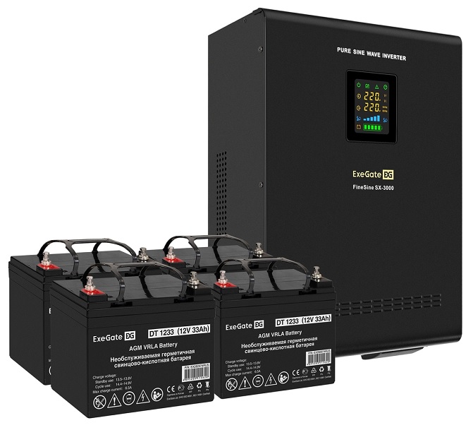 

Комплект Exegate FineSine SX-3000.LCD.AVR.2SH.T EX296633RUS ИБП EX296003RUS + батарея 33Aч EX282974RUS 4шт (инвертор, синус, для котла, настенный) 300, FineSine SX-3000.LCD.AVR.2SH.T