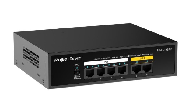 

Коммутатор неуправляемый RUIJIE NETWORKS RG-ES106F-P 6-портовый 10/100Мб/с POE с 4 портами PoE+ и 2 RJ45 Uplink порта, в металлическом корпусе, RG-ES106F-P