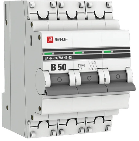 

Автоматический выключатель EKF mcb4763-3-50B-pro 3P 50А (В) 4,5kA ВА 47-63, mcb4763-3-50B-pro