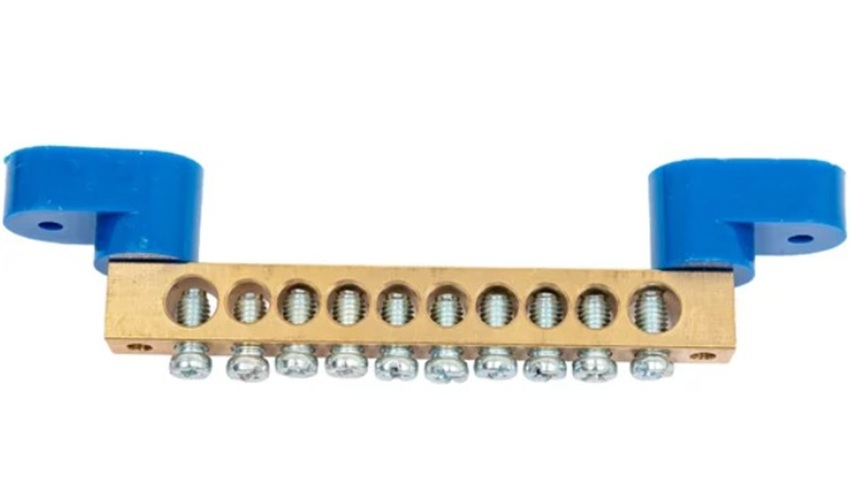 

Шина Rexant 11-2334 «N» нулевая 8х12 мм на двух угловых синих изоляторах 10 групп, 11-2334