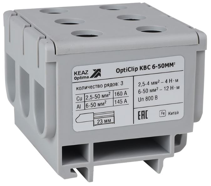 

Клемма вводная КЭАЗ 351047 силовая тройная OptiClip КВС 6-50 серая, 351047