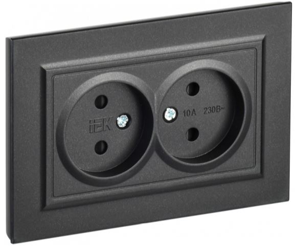 

Розетка двухместная без заземления в сборе IEK BR-R23-10-K02-F BRITE с защитными шторками 10А РСш12-2-БрЧ Черный, BR-R23-10-K02-F
