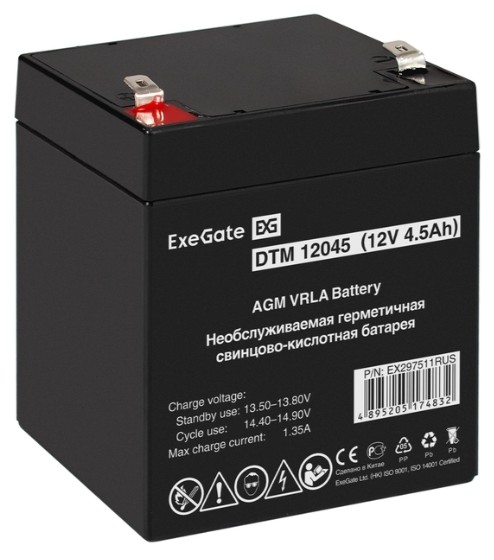 

Батарея аккумуляторная Exegate EX297511RUS DTM 12045 (12V 4.5Ah, клеммы F2), EX297511RUS